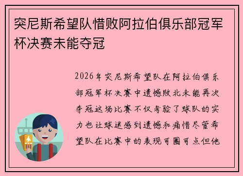 突尼斯希望队惜败阿拉伯俱乐部冠军杯决赛未能夺冠