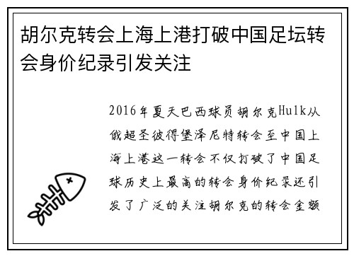 胡尔克转会上海上港打破中国足坛转会身价纪录引发关注